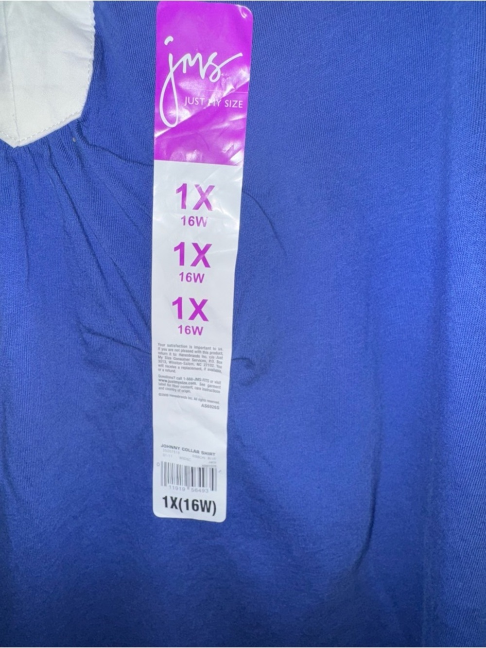 Just My Size Women’s Plus 1X Blue Cotton Knit Top Johnny Collar 3/4 Sleeve NWT - Picture 3 of 7